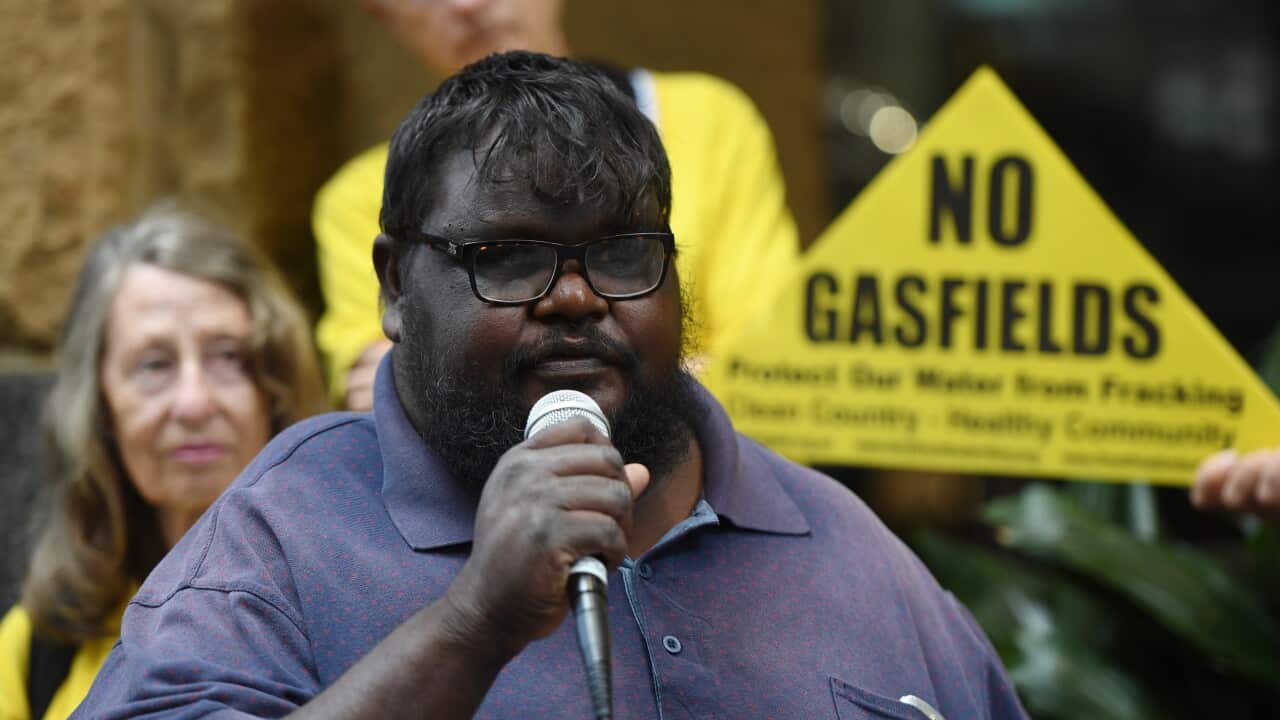 Garawa Traditional Owner Gadrian Hoosan addresses protesters during a rally in Sydney.
