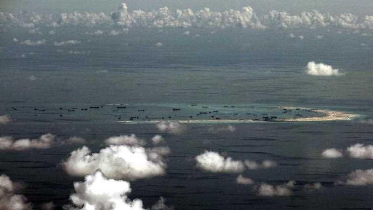Areal view of alleged artificial islands built by China in disputed waters in the South China Sea, west of Palawan, Philippines