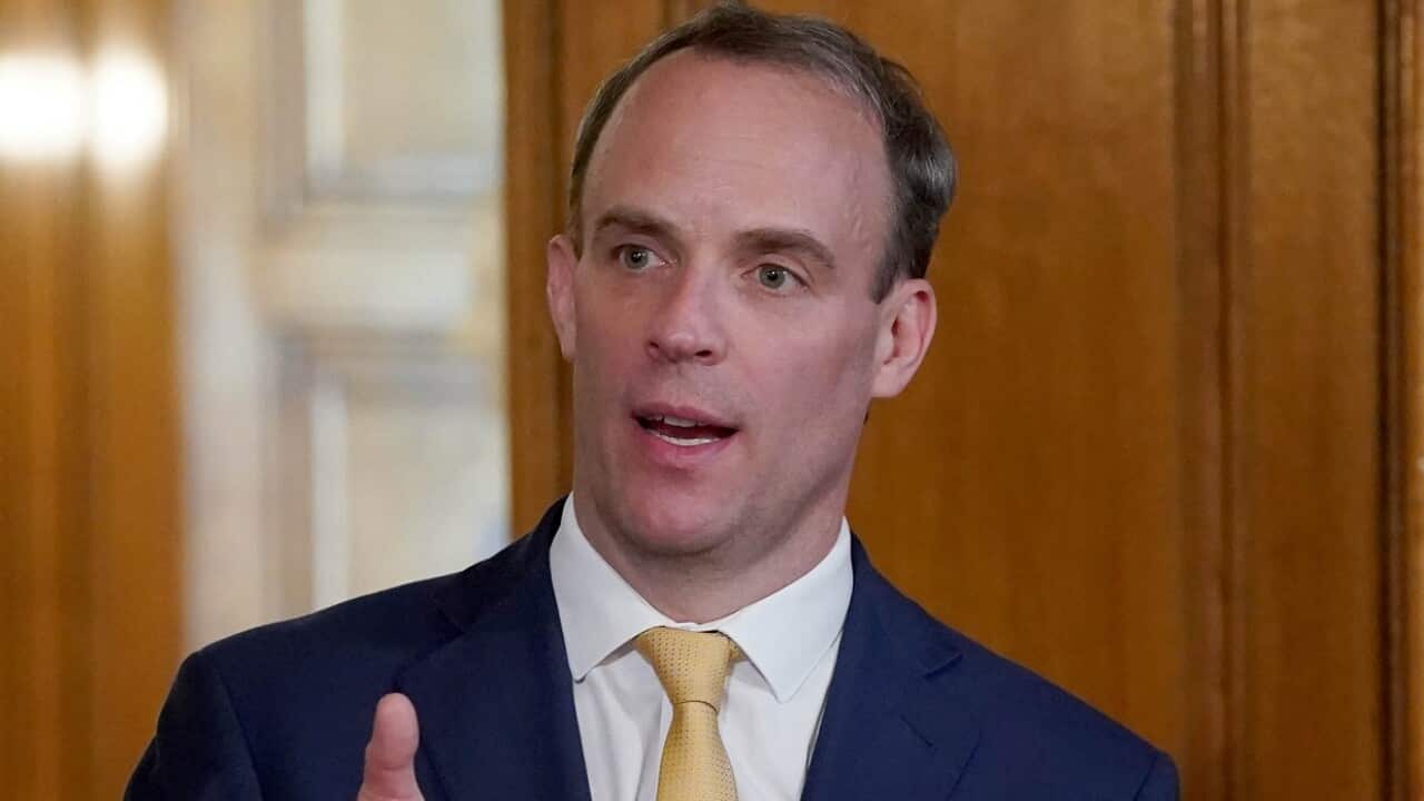 UK Foreign Secretary Dominic Raab during a media briefing in Downing Street.