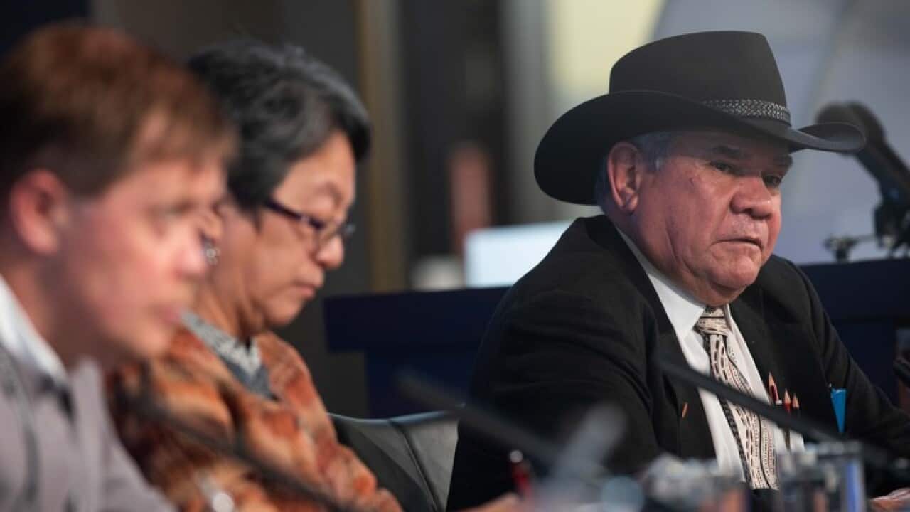 Mattias Ahren, Victoria Tauli-Corpuz and Mick Dodson address the National Press Club (AAP)