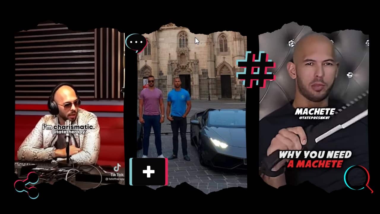 A collage of a bald man talking in a camera, posing next to a car, and holding a machete.