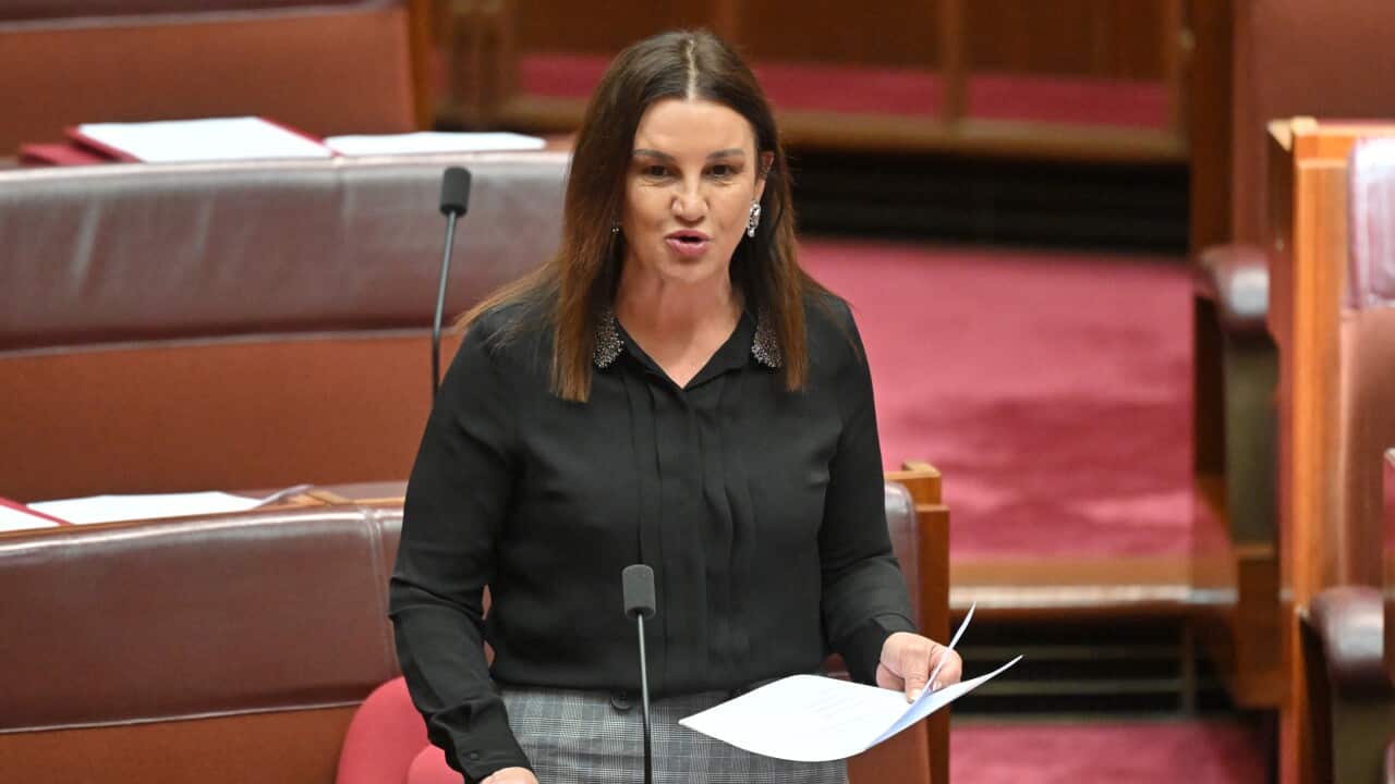 Jacqui Lambie speaking into a microphone.