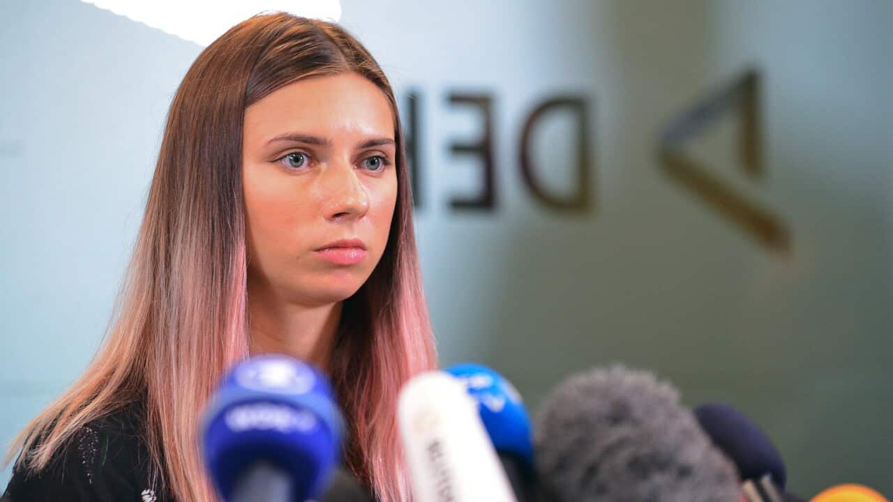 Belarusian athlete Krystsina Tsimanouskaya giving a press conference in Warsaw