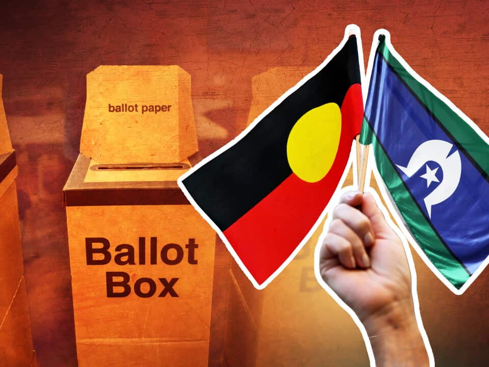 An artwork depicting ballot boxes and a person holding the Aboriginal and Torres Strait Islander flags.