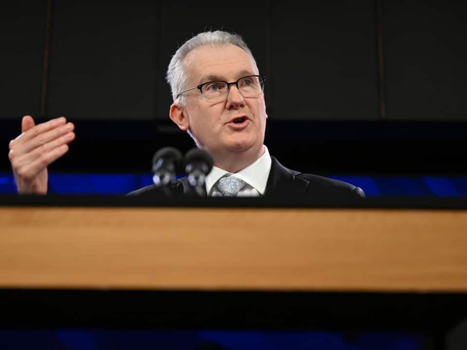 Home Affairs Minister Tony Burke gestures while addressing an audience from a lectern.