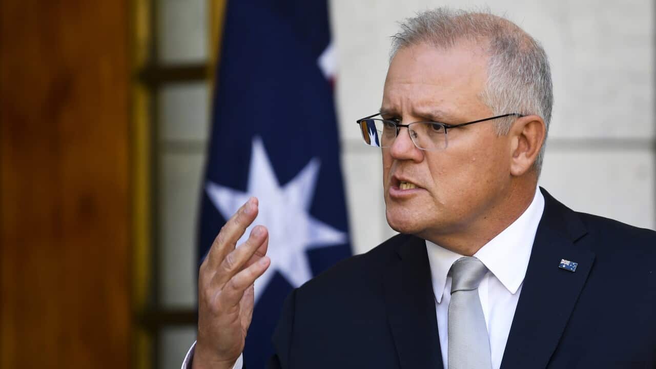Australian Prime Minister Scott Morrison speaks to the media during a press conference at Parliament House in Canberra, Tuesday, February 23, 2021. (AAP Image/Lukas Coch) NO ARCHIVING