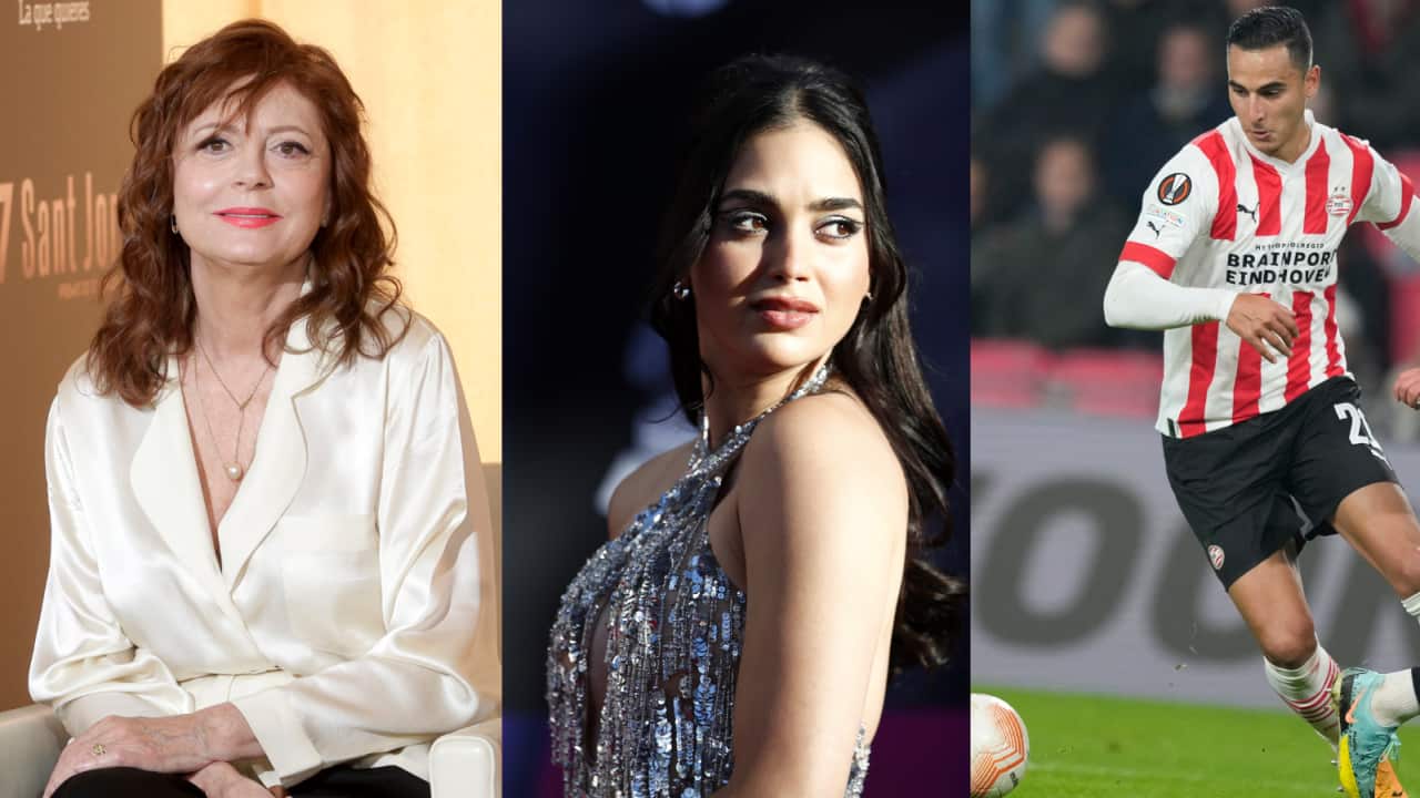 A composite image of a woman in a white suit, a woman in a sequined formal gown and a man in a football uniform