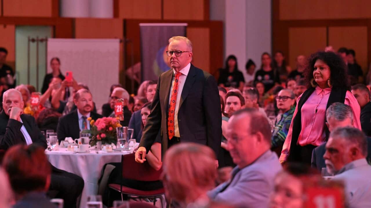 Anthony Albanese arrives to deliver a speech during the 2025 National Apology Breakfast (AAP)