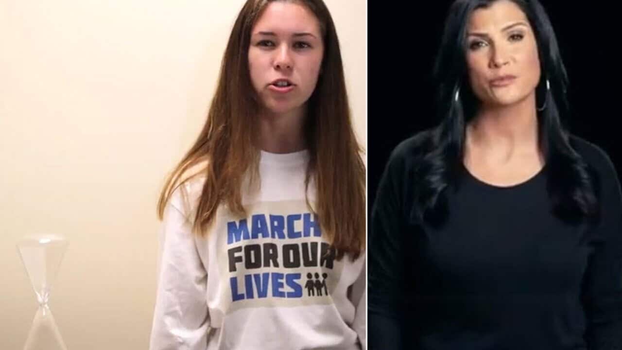 Parkland student Sarah Chadwick and NRA spokeswoman Dana Loesch in their separate videos. 