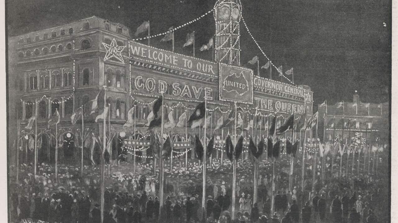 When the Constitution of Australia came into force on 1 January 1901, celebrations included lighting up the Sydney post-office. Drawing by C H Hunt reproduced in The Illustrated London News, 16th February 1901 (AAP).