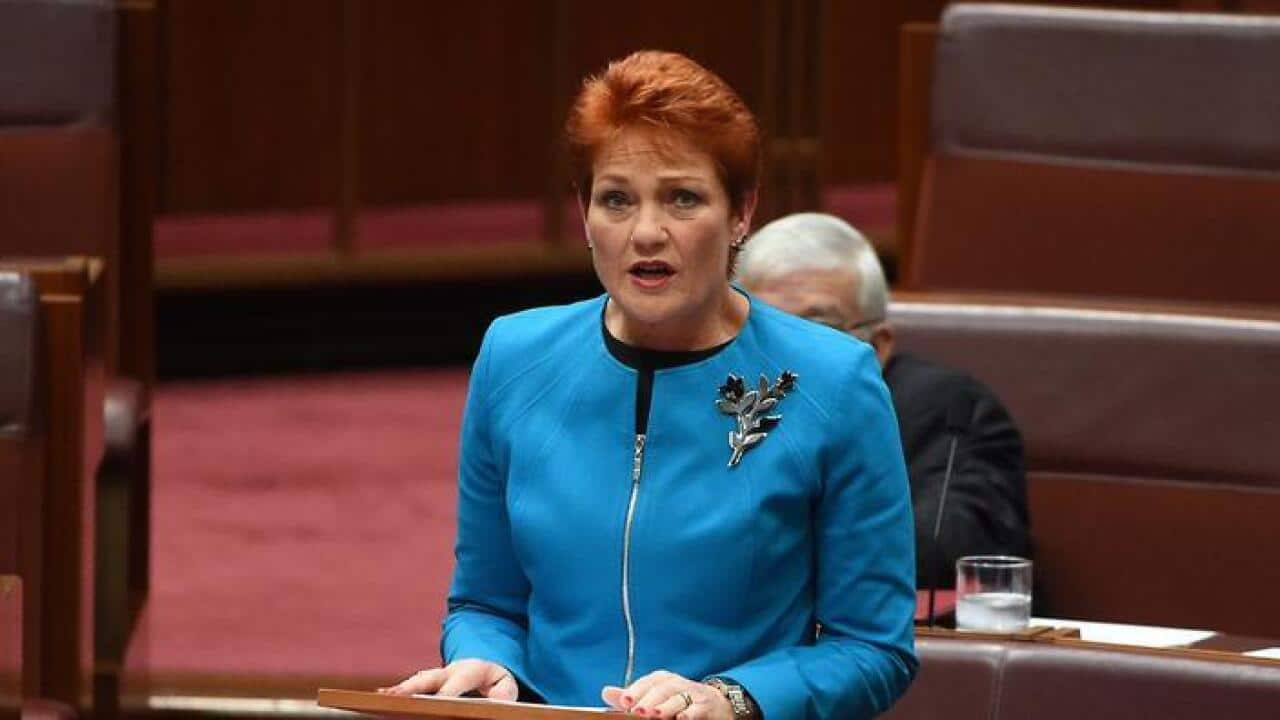 One Nation leader Senator Pauline Hanson makes her maiden speech in the Senate at Parliament House in Canberra, Wednesday, Sept. 14, 2016. (AAP)