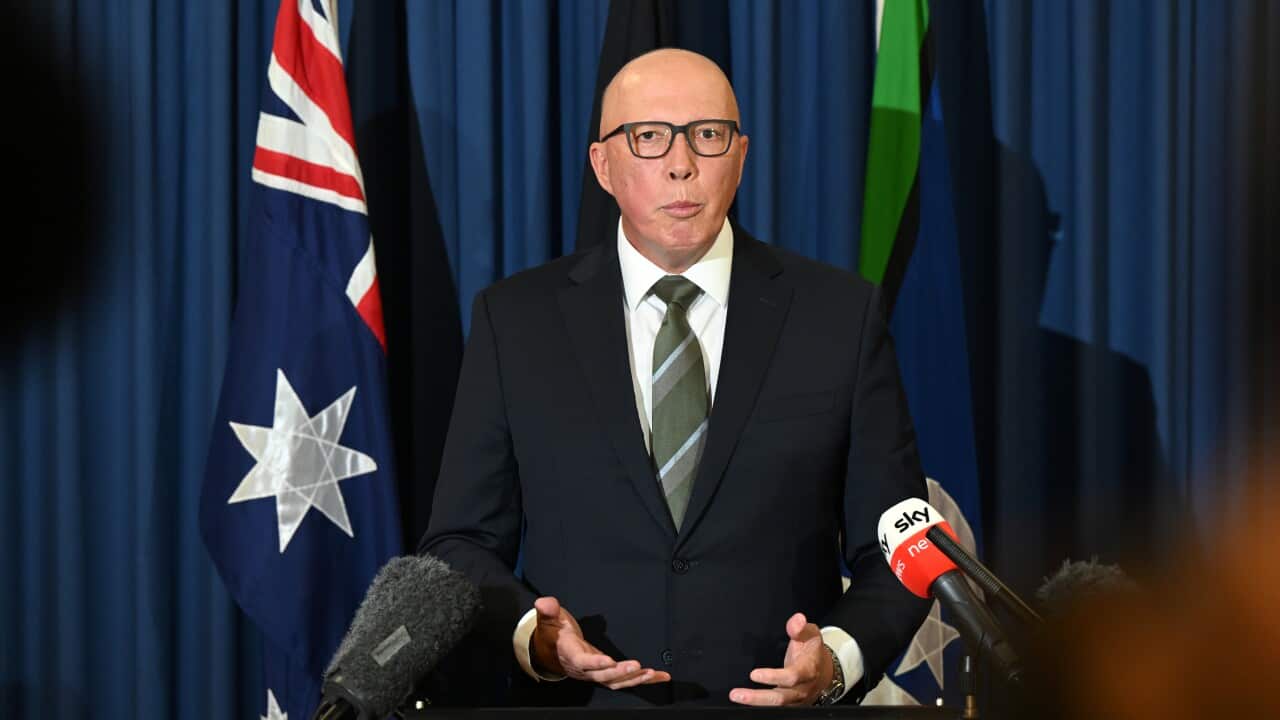 Leader of the Opposition Peter Dutton speaks to the media during a press conference