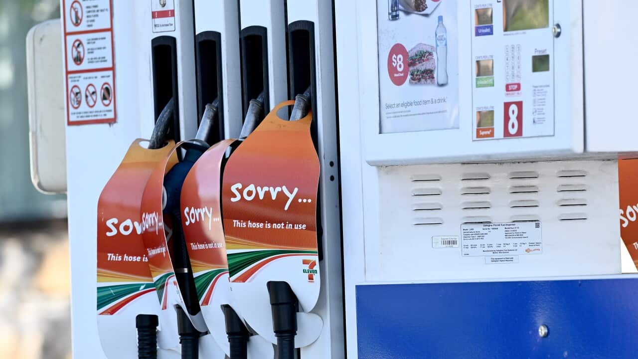 A petrol station is seen with no petrol available and all pumps out of service