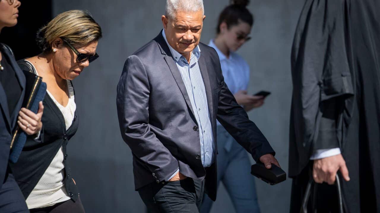Isikeli Feleatoua Pulini (right) and Malavine Pulini are seen arriving at the Brisbane District Court, in Brisbane, on Monday.