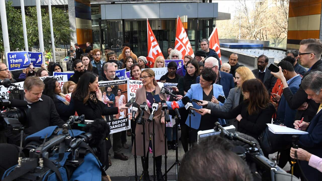 Solicitor for the Biloela Tamil family Carina Ford (c) outside the Federal Court, Melbourne