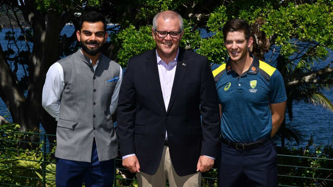 India's cricket captain Virat Kohli, Prime Minister Scott Morrison and Australia's cricket captain Tim Payne.