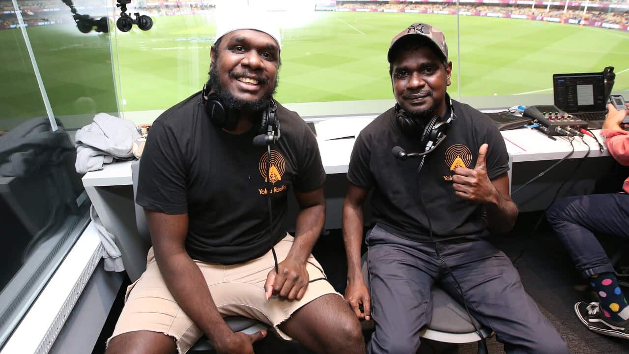 Baykali Ganambarr (left) and William Gumbula from Yolngu Radio will broadcast Saturday night's Dreamtime at the G game. Image: Jono Searle (AFL Photos)