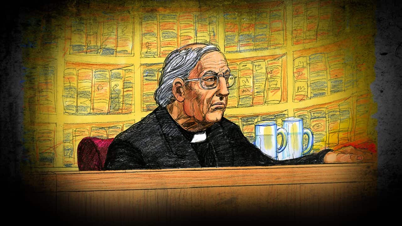 A court sketch of Cardinal George Pell at the Supreme Court as he listens to the judgement.