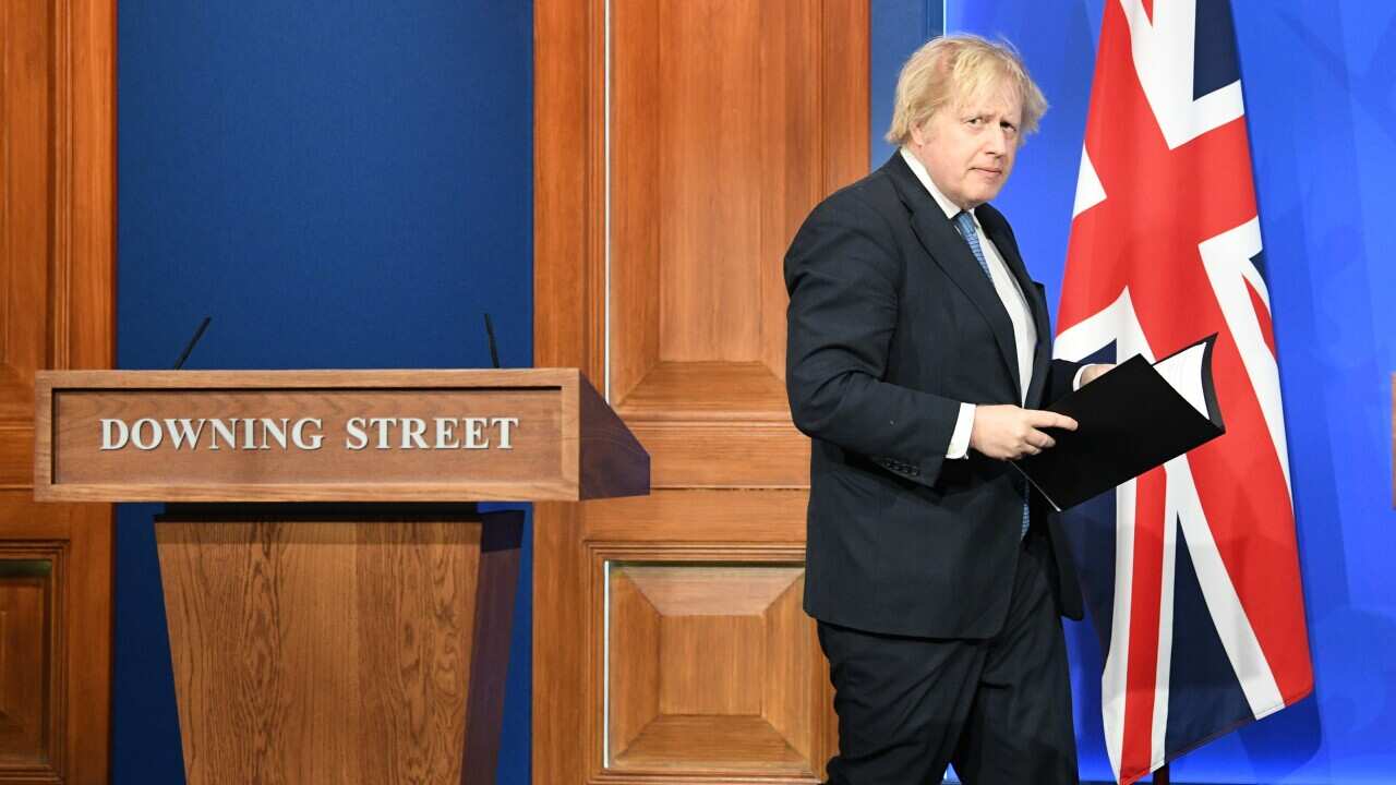 Prime Minister Boris Johnson, arrives for a media briefing in Downing Street, London, on coronavirus (Covid-19). Picture date: Monday April 5, 2021.. See PA story HEALTH Coronavirus. Photo credit should read: Stefan Rousseau/PA Wire
