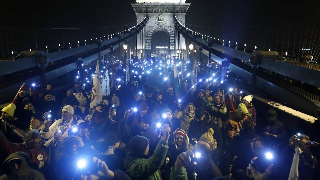 Demonstrators protesting against recent legislative measures introduced by Hungarian Prime Minister Viktor Orban.