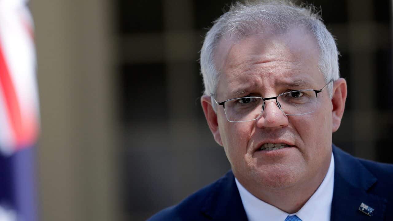 Prime Minister Scott Morrison speaks to the media.