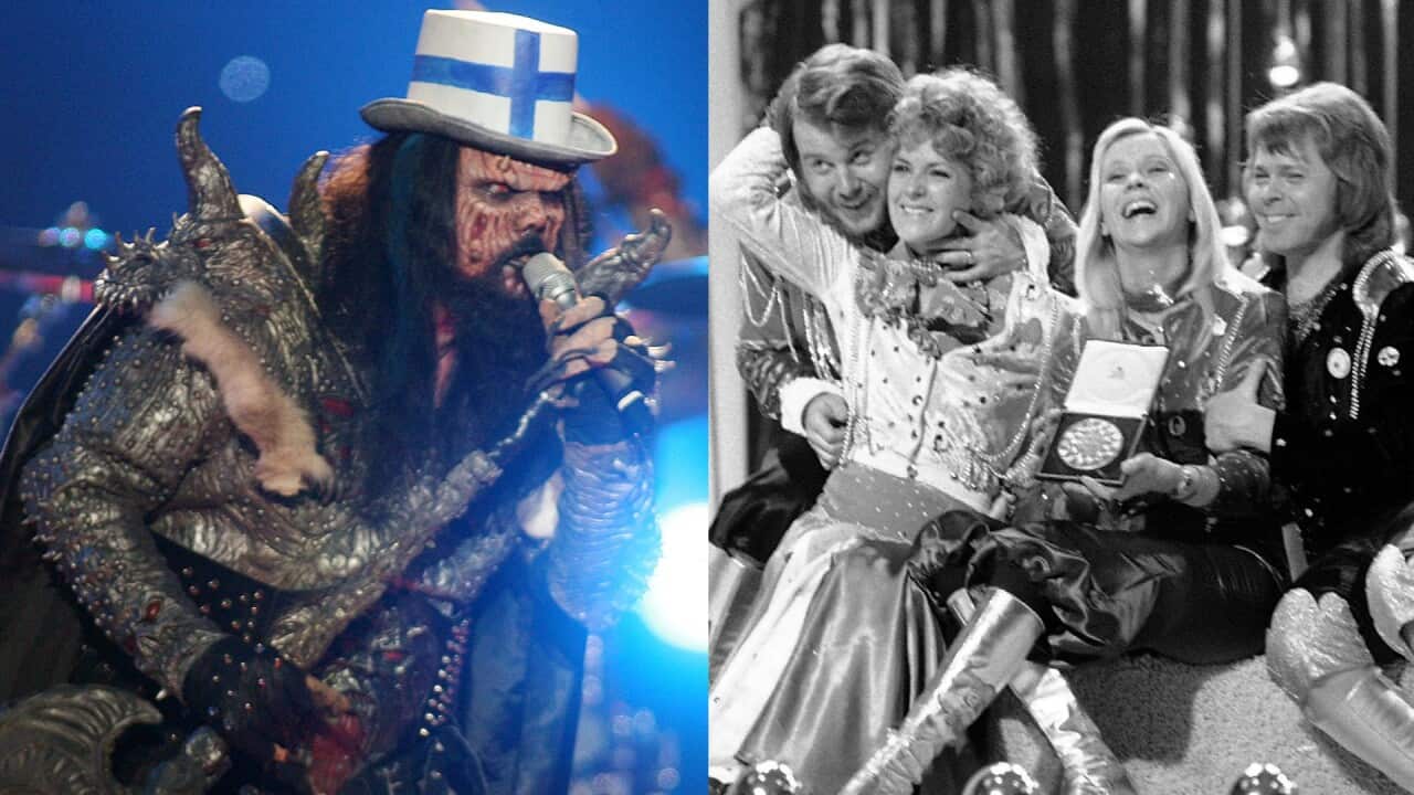 (left) A man in an elaborate silver outfit and wearing a hat with the Finland flag on it sings into a microphone and (right) a black and white picture of the group Abba sitting together