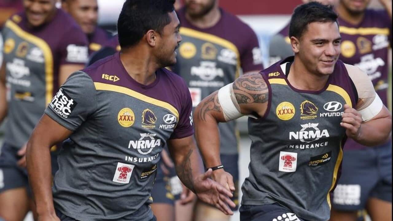 Brisbane Broncos' Anthony Milford and Kodi Nikorima