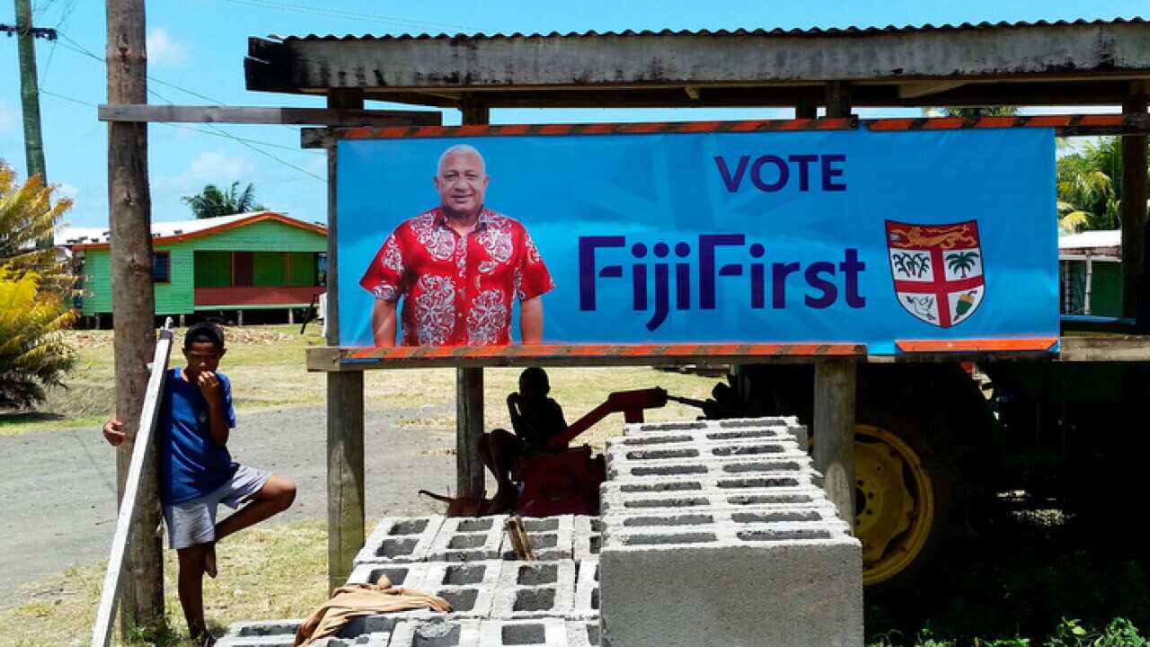 A FijiFirst poster with the image of Fiji Prime Minister Frank Bainimarama