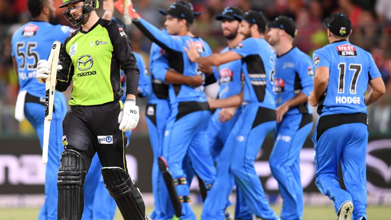 James Vince of the Thunder leaves the pitch after losing his wicket