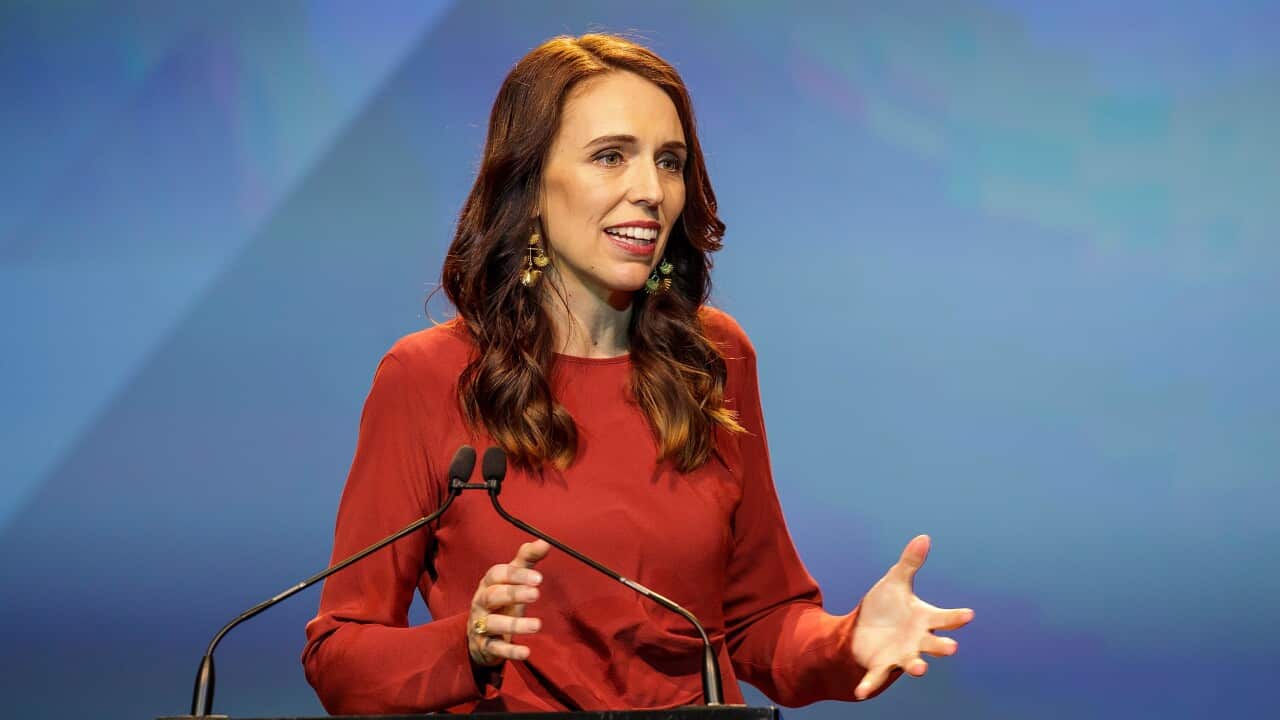 New Zealand Prime Minister Jacinda Ardern speaking after election victory during the New Zealand Labour party election night event in Auckland, Saturday, October 17, 2020. (AAP Image/David Rowland) NO ARCHIVING