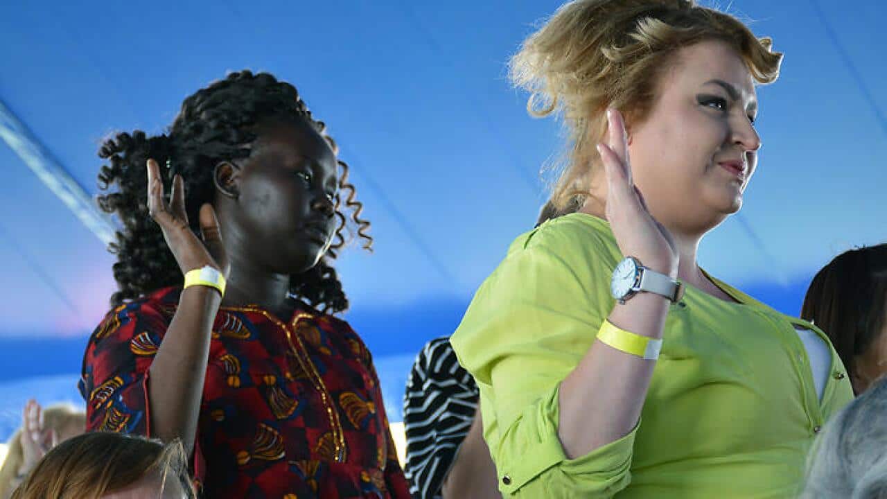 Two women in an Australia Day citizenship ceremony in the city of Waneroo