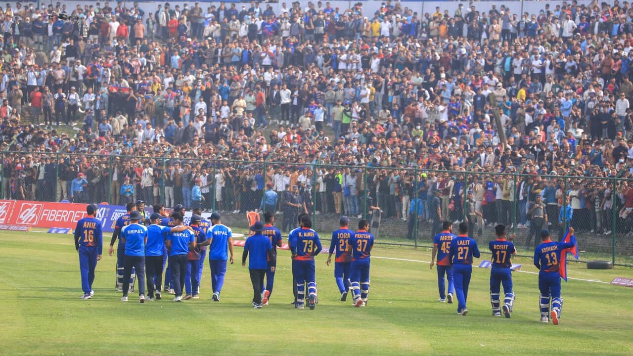 A representative image of the Nepali national cricket team. Players from the Nepali national cricket team are greeting fans and supporters after winning the first match of a five-game T-20 series at TU Cricket Ground in Kathmandu, Nepal, on April 27, 2024.