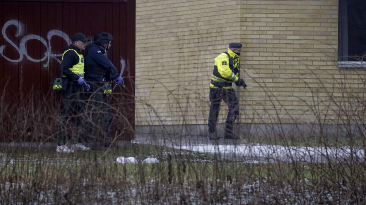 Police at the scene of an incident at Risbergska School, in Örebro, Sweden.