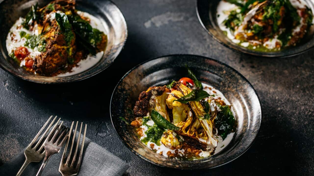 Dhal with roasted cauliflower, curry leaves and green chilli sauce