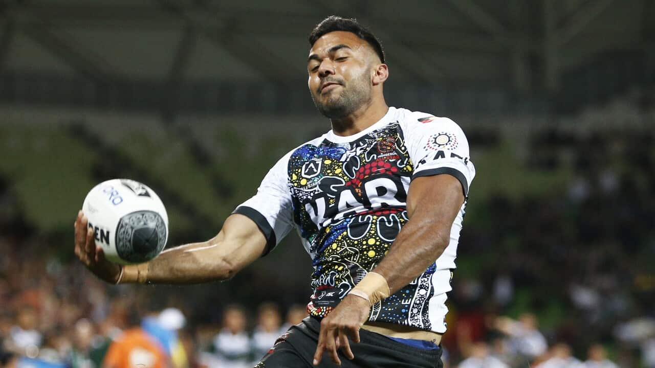 Bevan French of the Indigenous All Stars celebrates after scoring a try during the NRL Indigenous All-Stars vs Maori All Stars match at AAMI Park, Melbourne, Friday, February 15, 2019. (AAP Image/Daniel Pockett) NO ARCHIVING, EDITORIAL USE ONLY