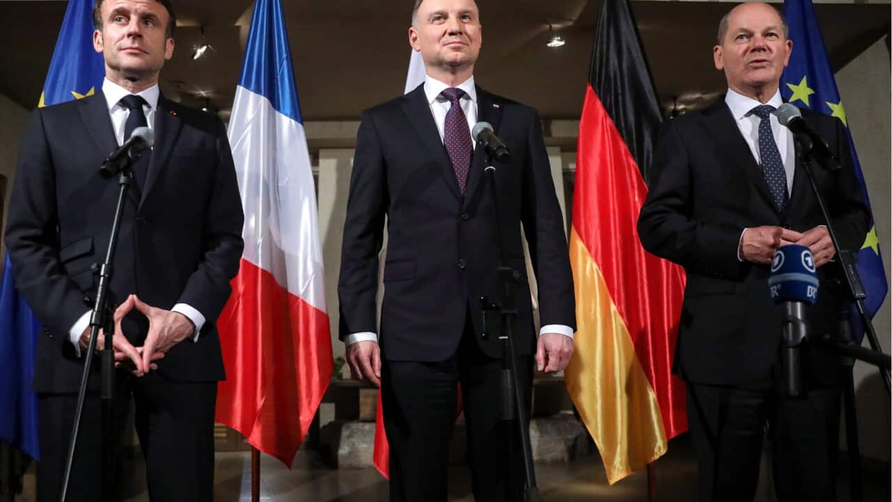 Emmanuel Macron, Andrzej Duda and Olaf Scholz (AAP).jpg