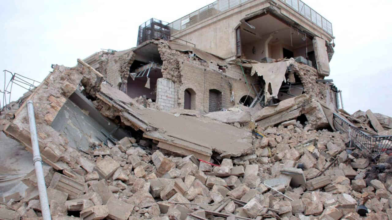 Debris lying on the ground following an explosion at a luxury hotel