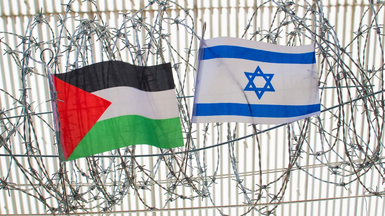 Palestine and Israel flag on barbed wire
