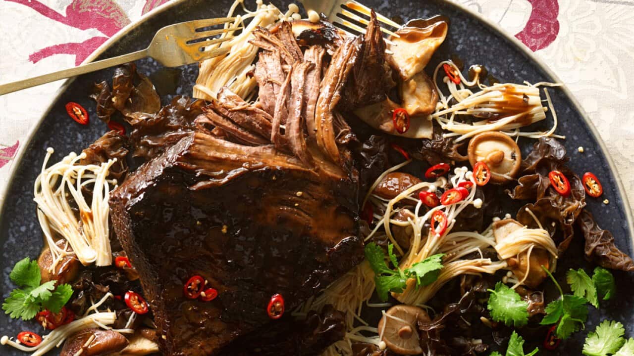 Barbecue brisket with shiitake glaze and stir-fried mushrooms
