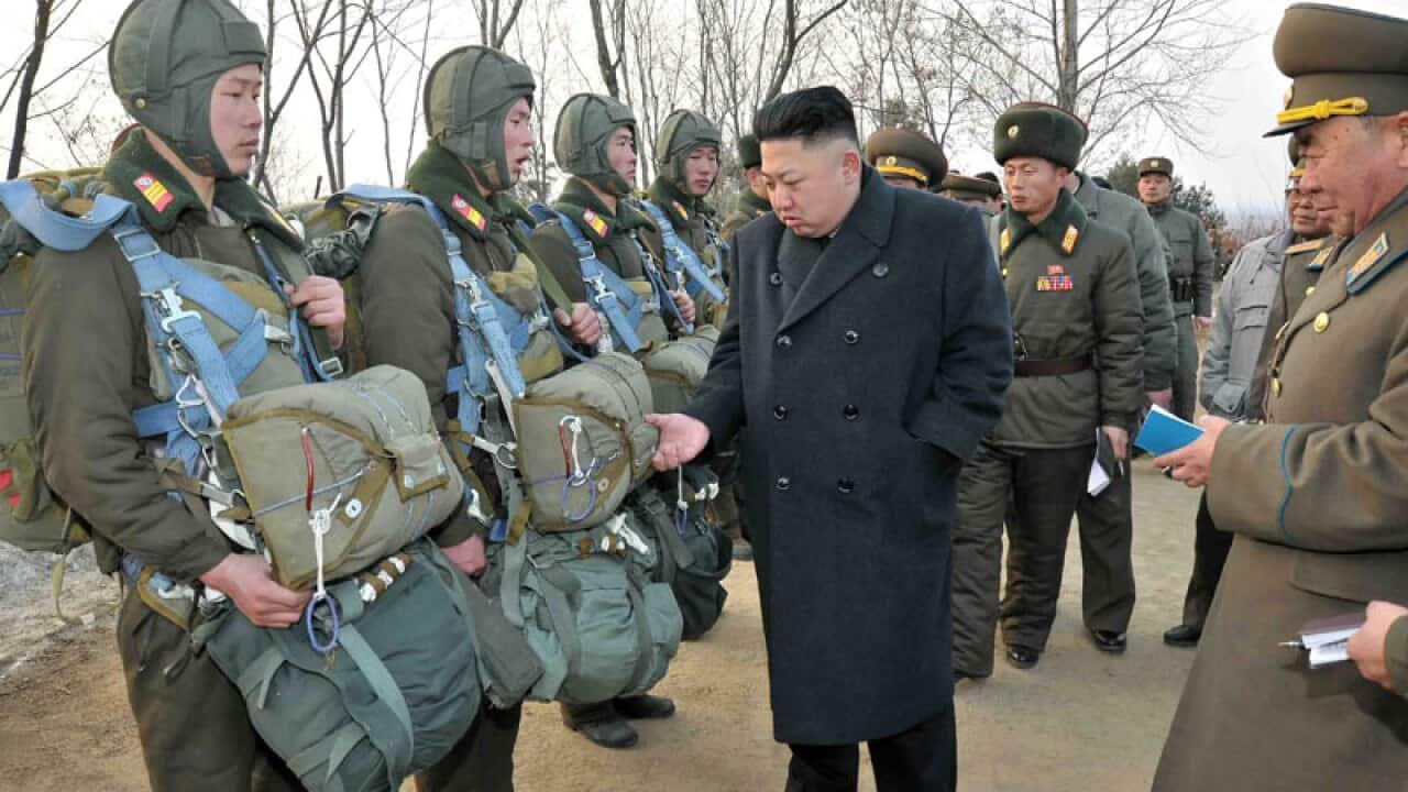 North Korean leader Kim Jong Un inspecting the Korean People's Army, Unit 323 in Pyongyang North Korea. (AAP)