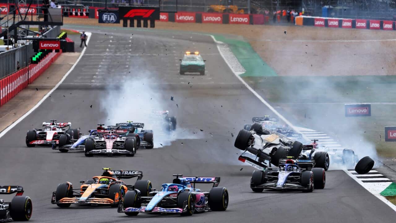 Guanyu Zhou (CHN) Alfa Romeo F1 Team C42 crashed at the start of the race. 03.07.2022. Formula 1 World Championship, Rd 10, British Grand Prix, Silverstone, England, Race Day.