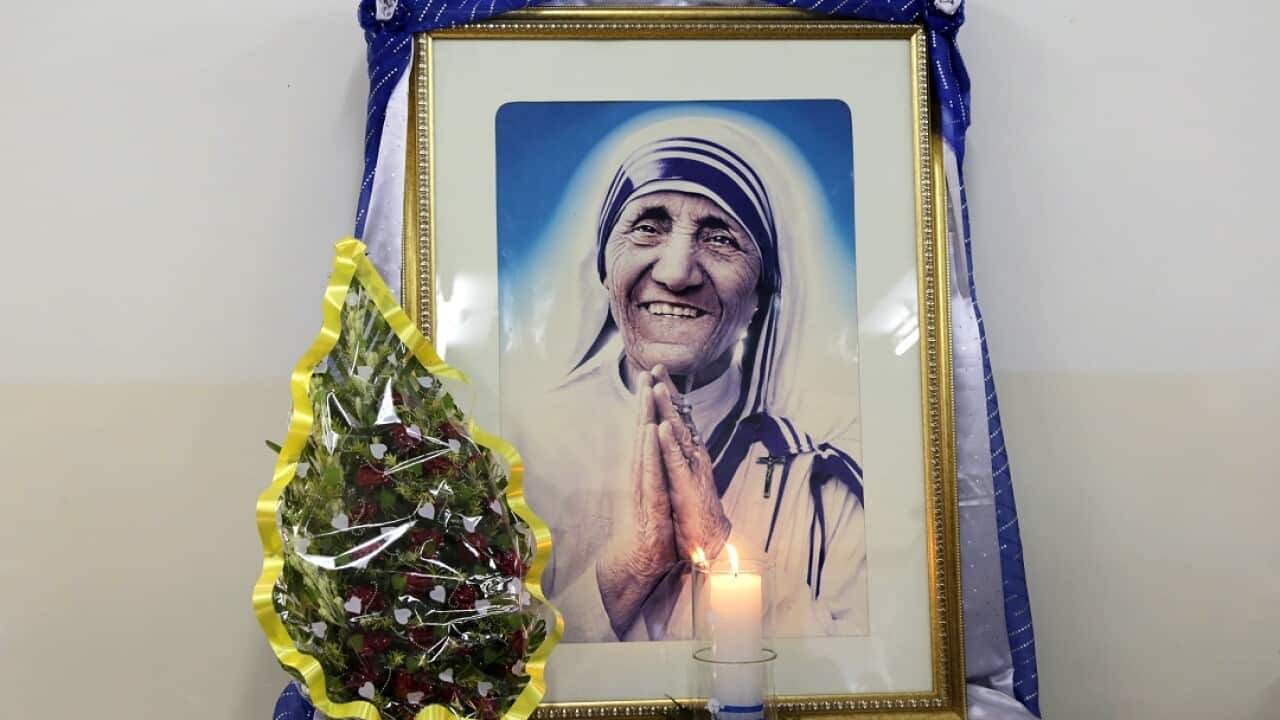 A portrait of Mother Teresa in Kolkata, India.