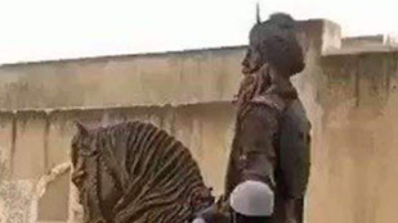 Screenshots of a video of the incident that surfaced on social media in which a man is seen damaging the statue of Maharaja Ranjit Singh