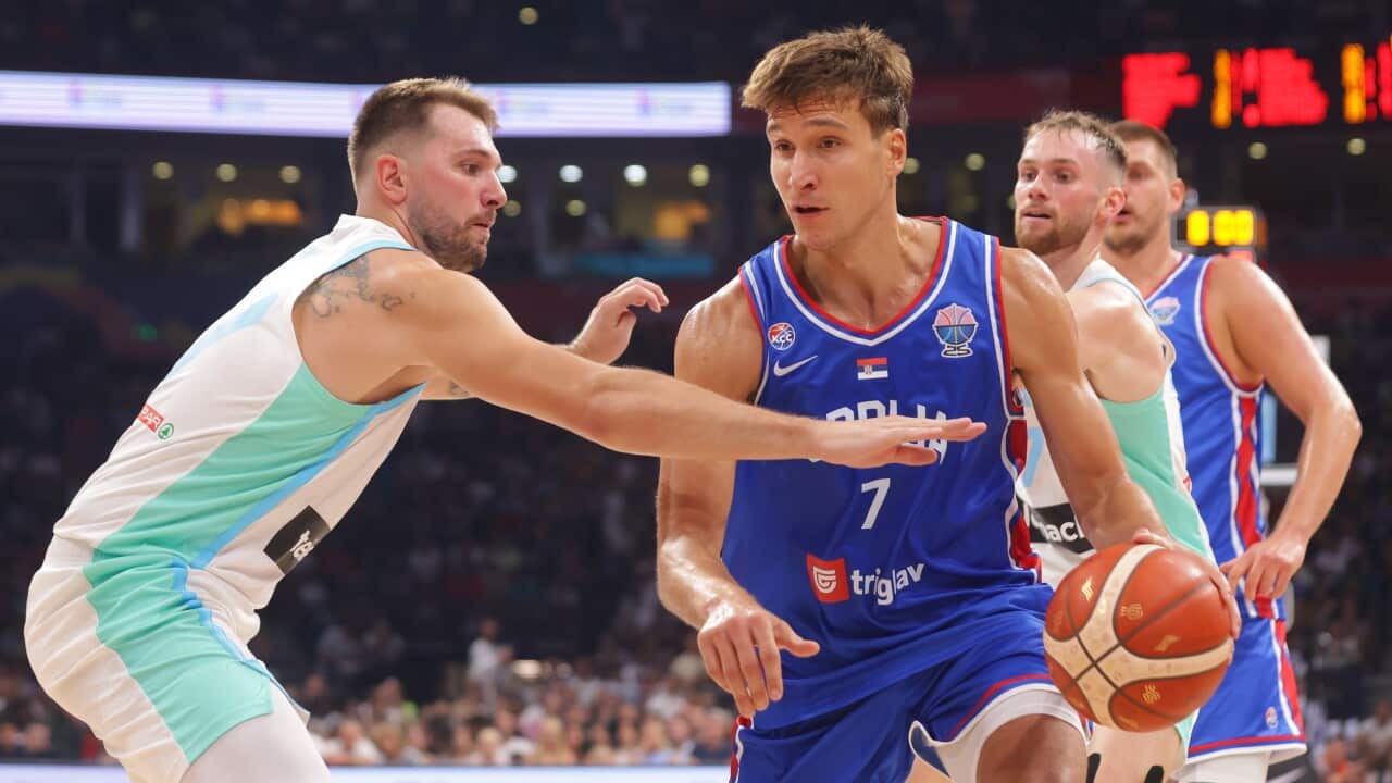 Serbia's Bogdan Bogdanovic (R) in action against Slovenia's Luka Doncic (L) during the international basketball friendly match between Serbia and Slovenia in Belgrade