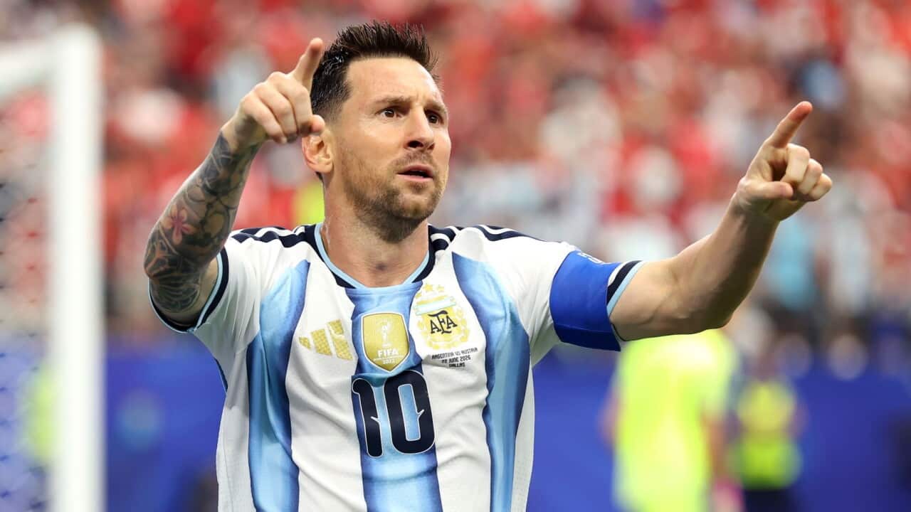 Lionel Messi #10 of Argentina celebrates after scoring his team's first goal during the FIFA World Cup 2026 Group J match between Argentina and Austria at Dallas Sta.jpg