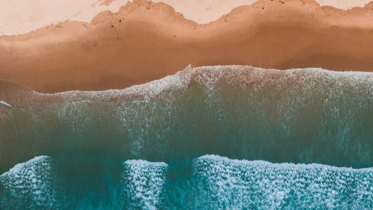 Aerial view of sea waves breaking on shore