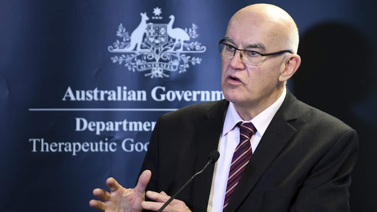 Head of the TGA John Skerritt speaks to the media during a Therapeutic Goods Administration Covid-19 vaccines press conference in Canberra, Thursday, May 6, 2021. (AAP Image/Lukas Coch) NO ARCHIVING