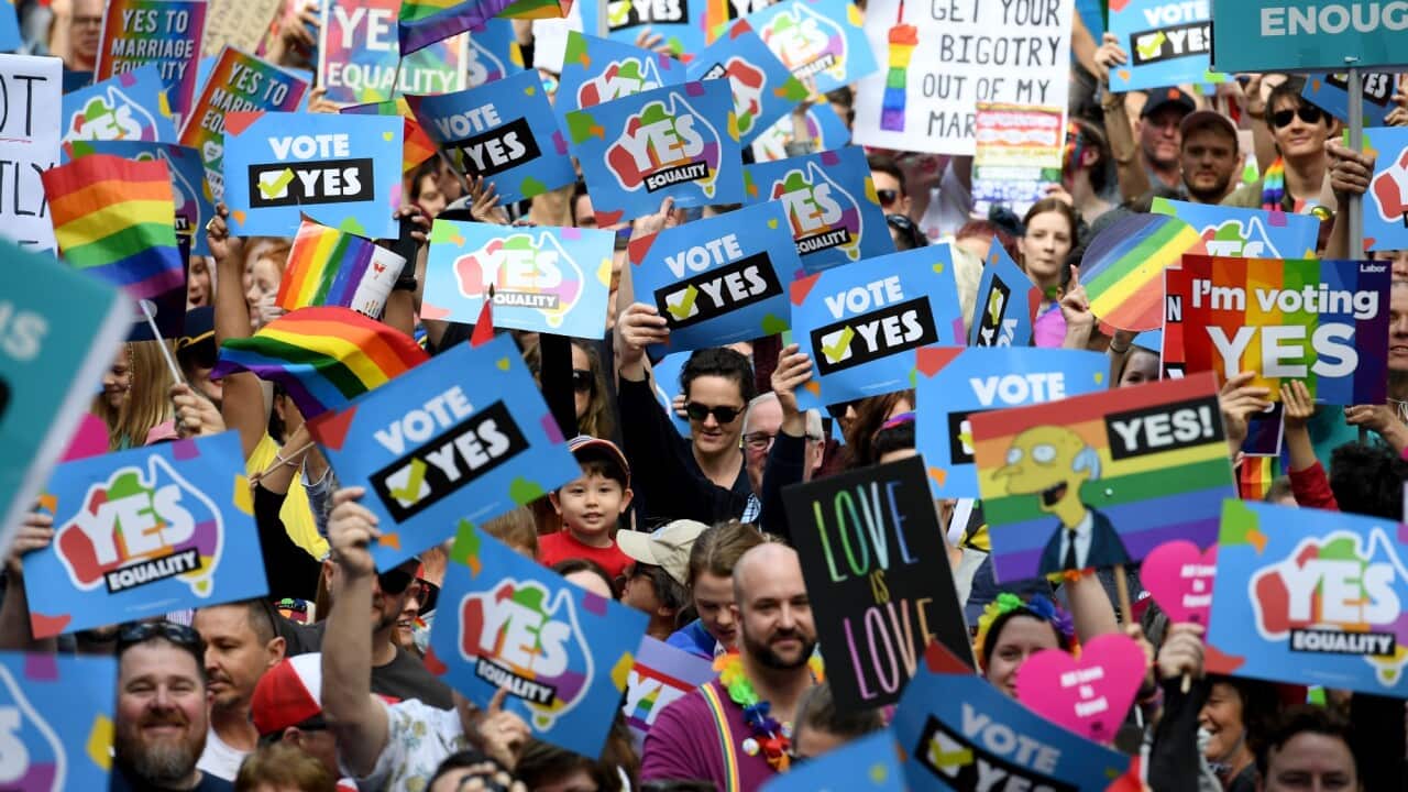 Protestors gather for a rally in support for marriage equality in Sydney on Sunday, September 10