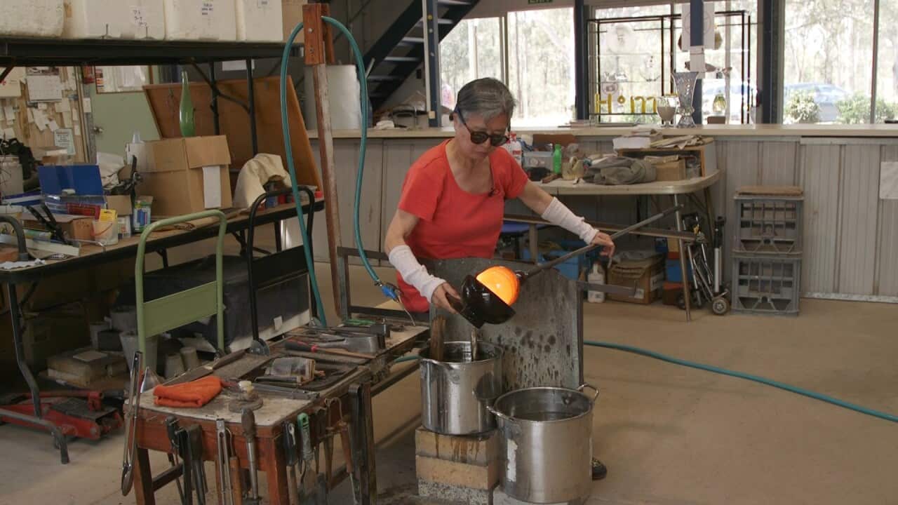 Setsuko Ogishi in her glassblowing studio.