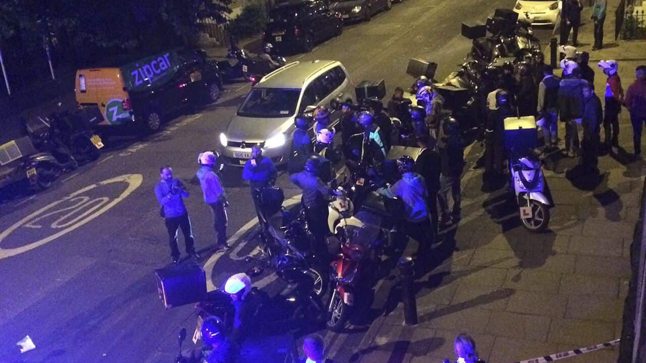 This is an image made available by Sarah Cobbold of the scene of an acid attack in London early Thursday July 13, 2017.